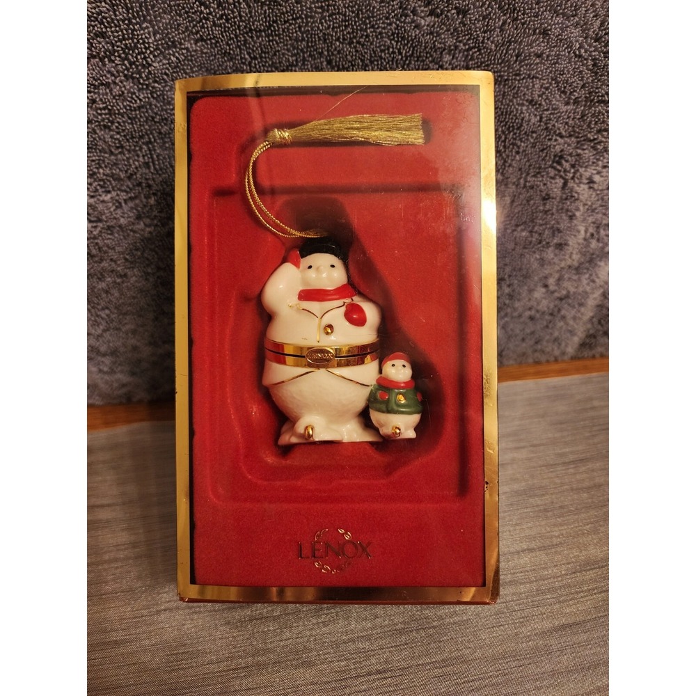 Lenox China Treasures Porcelain Skating Snowman & Child Trinket Box Ornament 3"